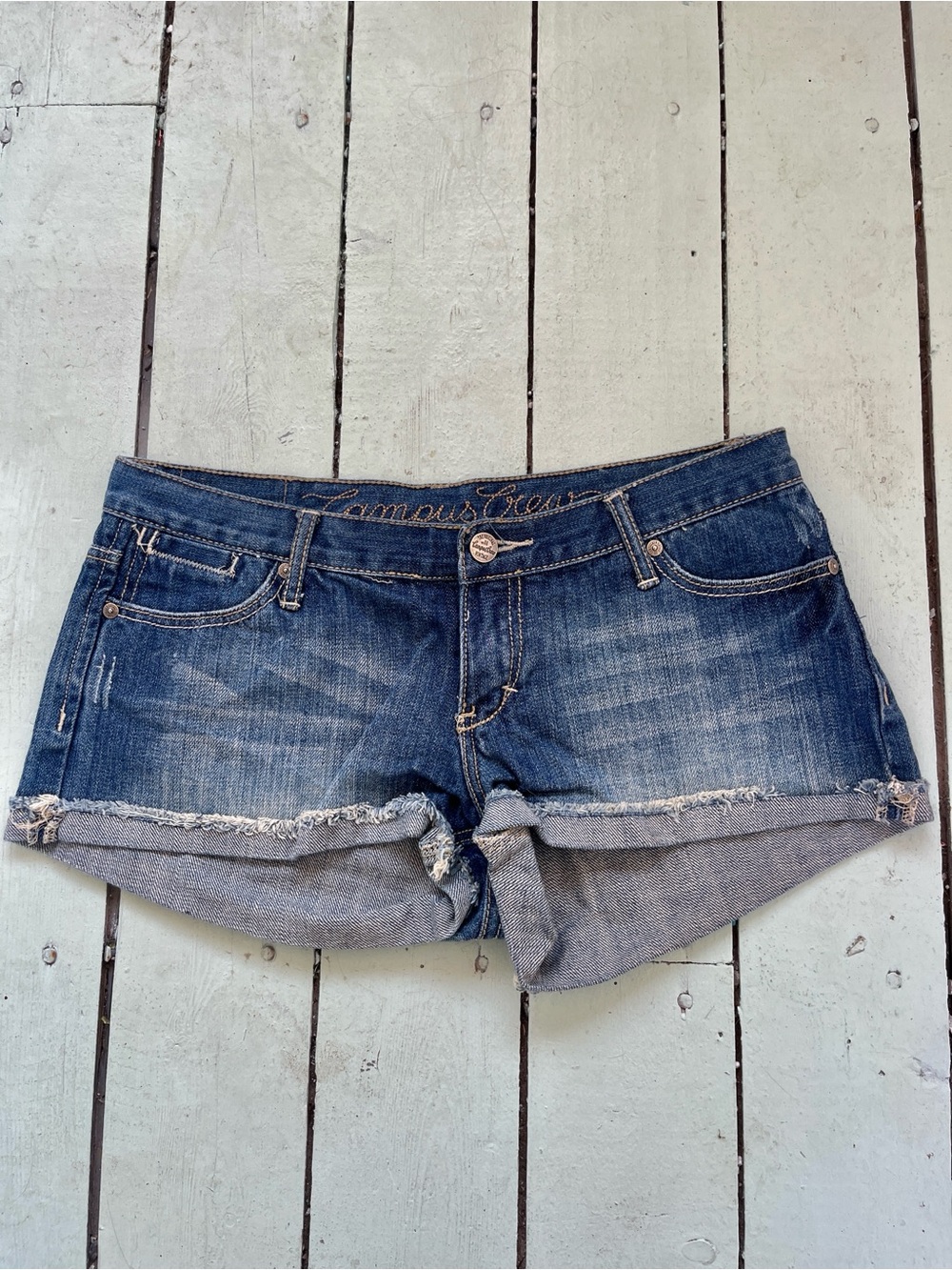 Campus Crew 2000s low rise Dark Blue Denim Roll-Cuff Jean Shorts Vintage Y2K
